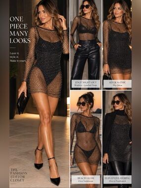 Crystal-Embellished Sheer Mini Dress - Black